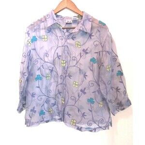 Vtg JM Collection 100% Silk Sheer Embroidered Blouse Sz L Purple Floral Boho